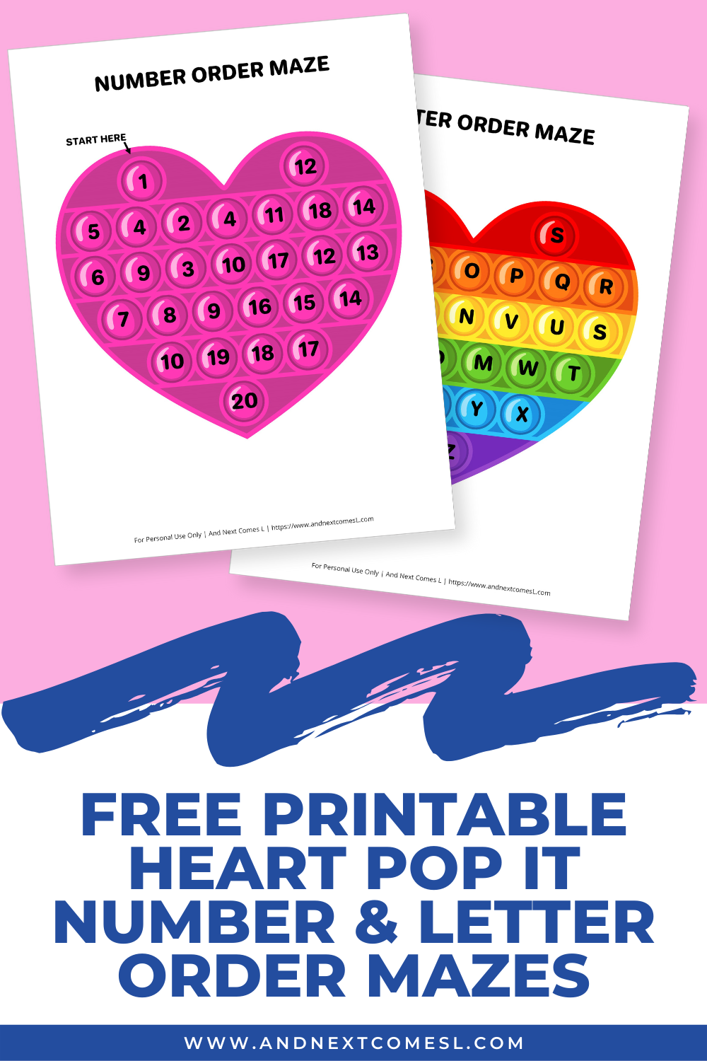 Free printable heart pop it number order & letter order mazes for kids - makes for a great Valentine's Day activity!