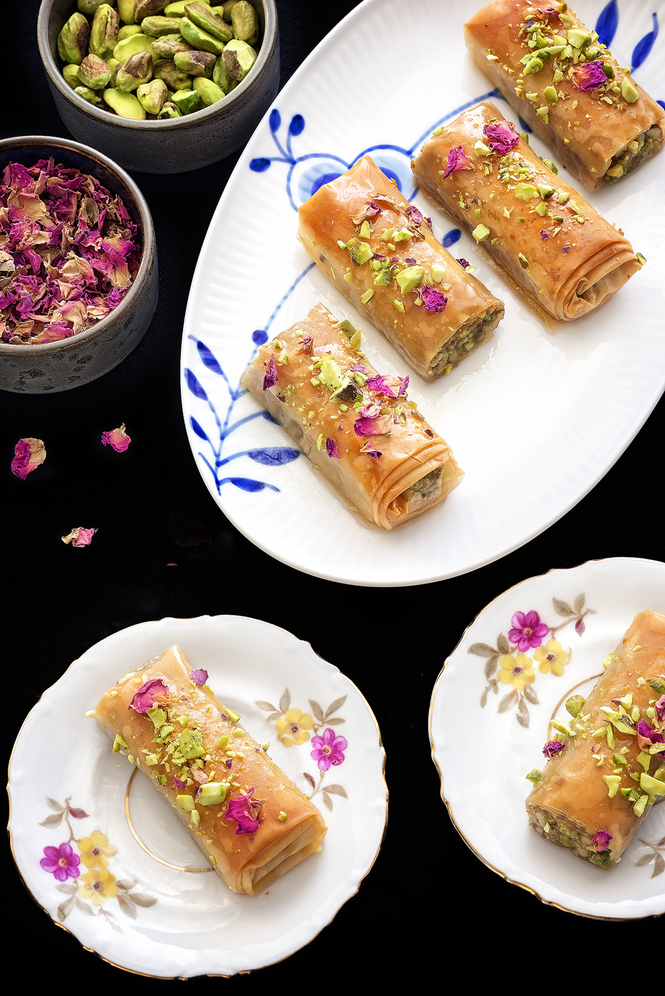 Baklava Rolls With Honey and Rose Syrup