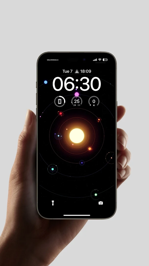 wallpaper of the solar system with planets orbiting the sun on a smartphone screen.