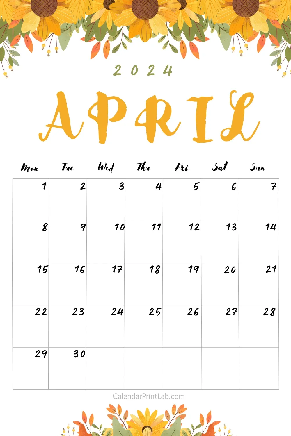 April 2024 Yellow Flower Calendar