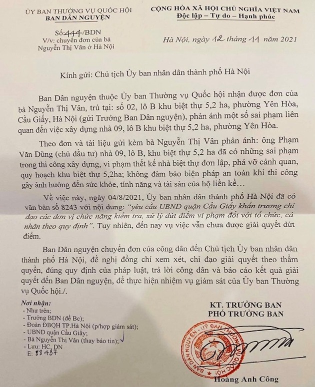 Ban Dân nguyện chuyển đơn đến Chủ tịch UBND TP Hà Nội