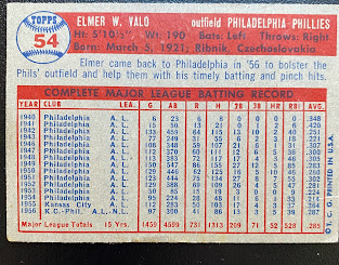 The back of a 1957 Topps baseball card for Elmer Valo, showing hitting statistics in a spreadsheet format.