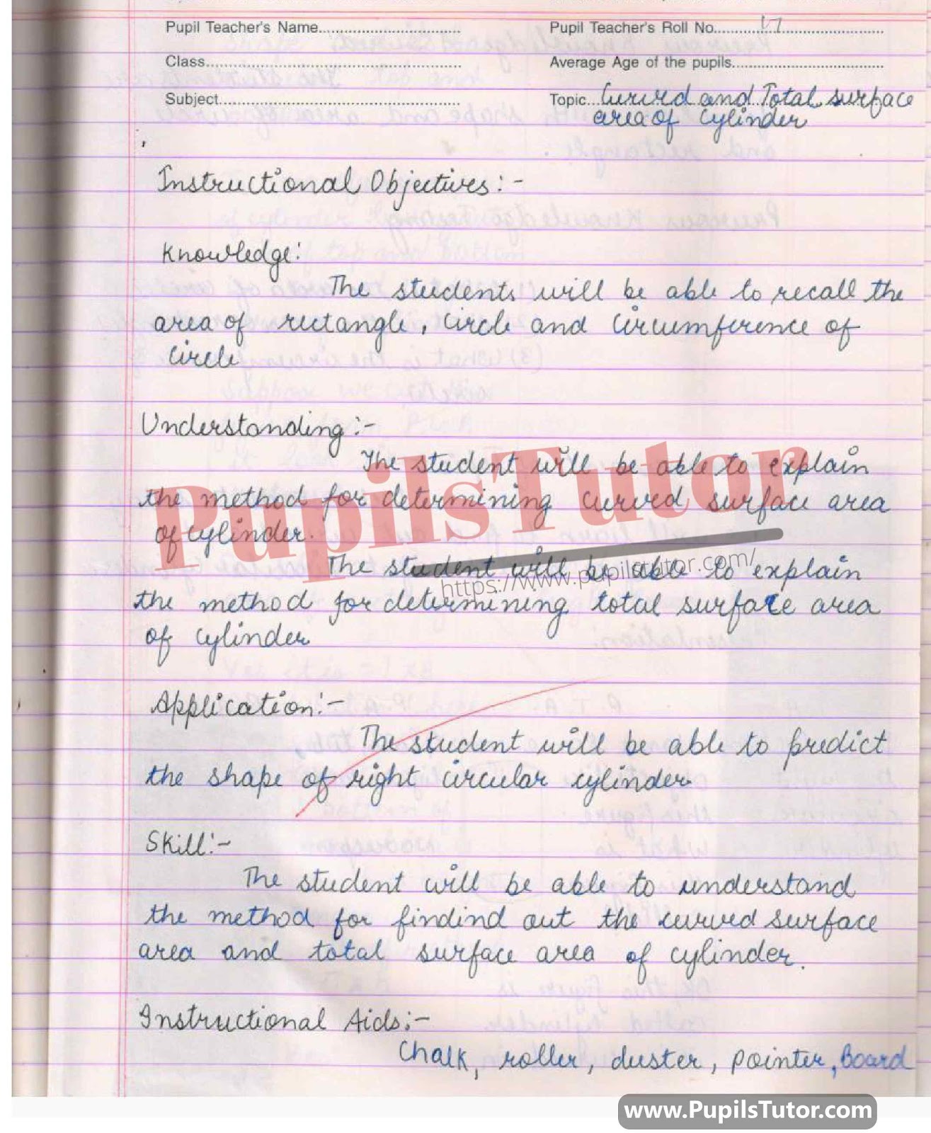 Math Lesson Plan For Class 9 And 10 On Surface Area Of Cylinder – (Page And Image Number 1) – Pupils Tutor