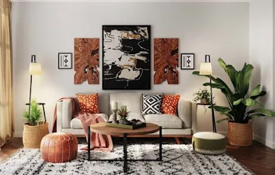 Living room with plants and ottomans.