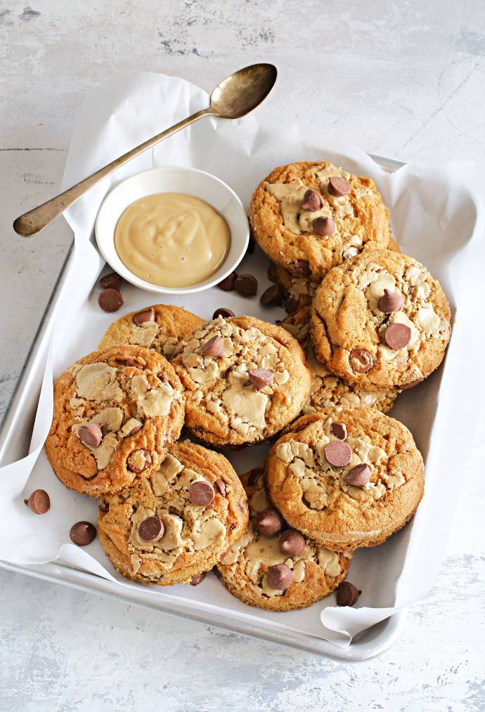 Recipe for thick, chocolate chip cookies with a sweet tahini swirl.