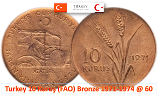 Turkey 10 Kuruş (FAO) Bronze 1971-1974 @ 60