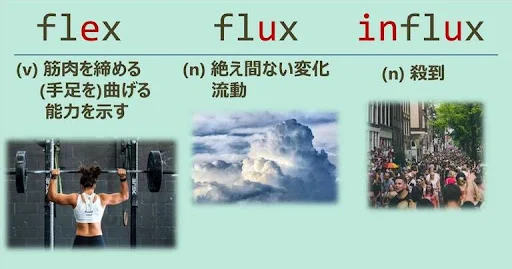 flex, flux, influx, スペルが似ている英単語
