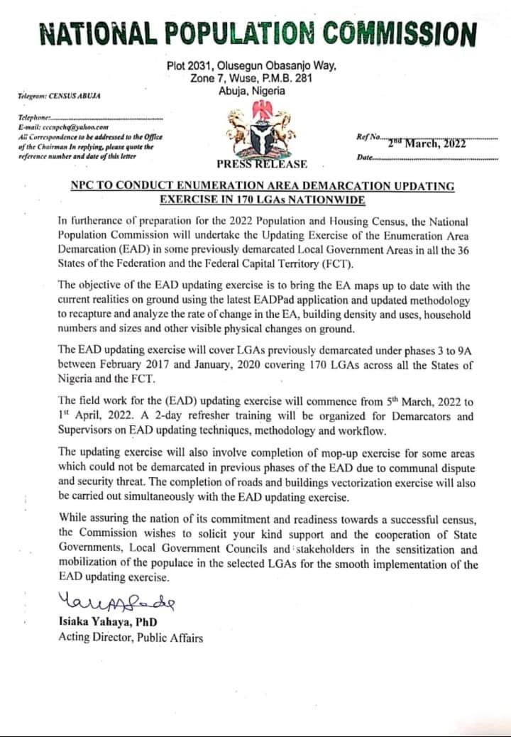 National Population Commission: Npc To Conduct Enumeration Area Demarcation Updating Exercise In 170 Lgas Nationwide