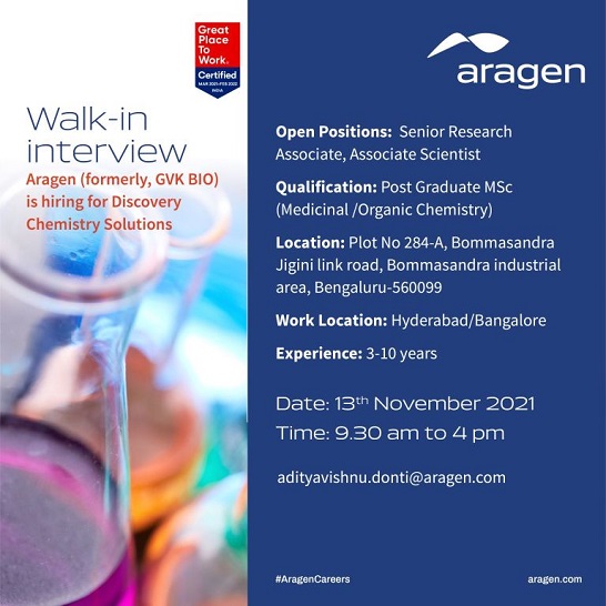 Aragen Life Sciences | Walk-in interview for Discovery chemistry on 13th Nov 2021