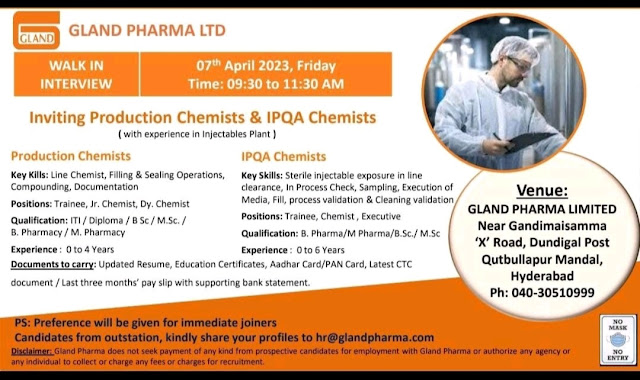 Gland Pharma Walk In Interview For Production/ IPQA Department