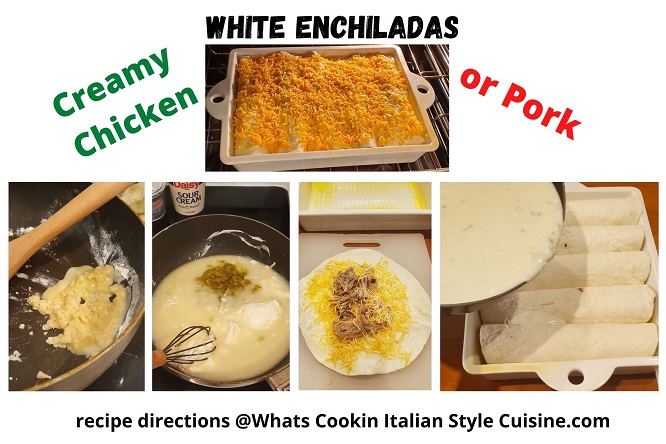 a collage of step by step how to make chicken enchiladas