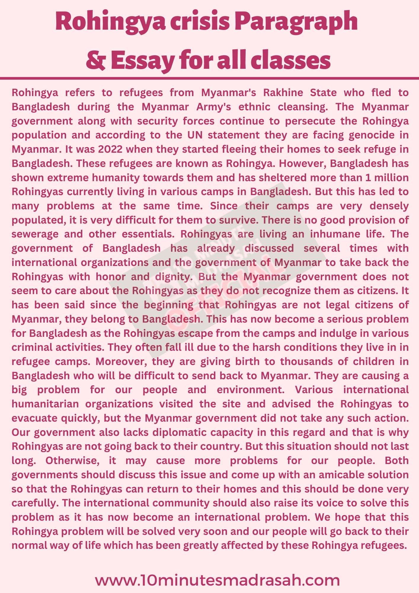 Rohingya crisis Paragraph & Essay for all classes