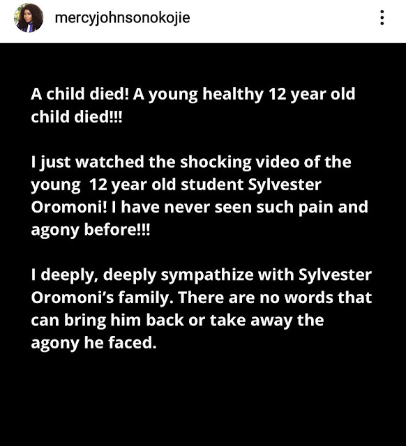 Mercy Johnson, Princess, Lepacious Bose, Jaywon and other celebrities demand justice For The Boy Who Was Allegedly Being Tortured By His Classmates For Refusing To Join Cult