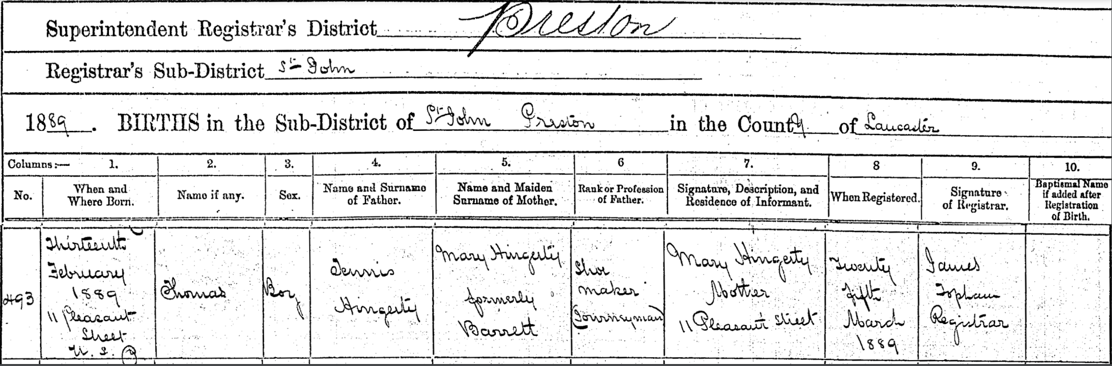 Birth certificate Thomas Hingerty 1889