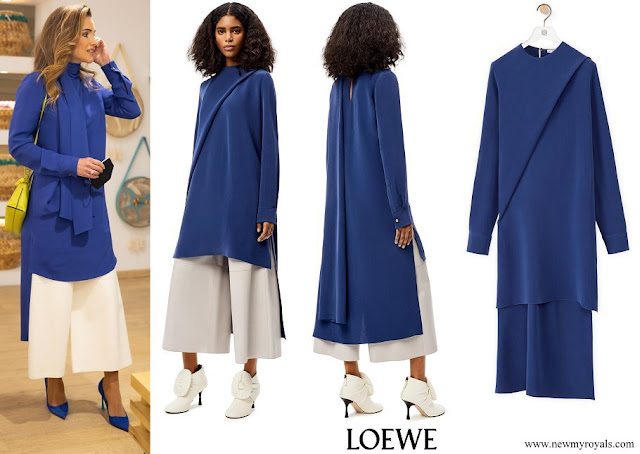Queen Rania wore Loewe scarf collar silk tunic top and leather cropped wide-leg trousers
