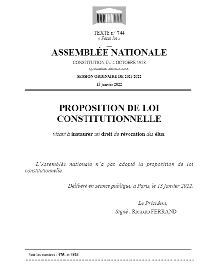 PROPOSITION DE LOI CONSTITUTIONNELLE visant à instaurer un droit de révocation des élus.