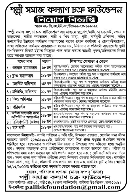 পল্লী সমাজ কল্যাণ চক্র ফাউন্ডেশন এর নতুন নিয়োগ বিজ্ঞপ্তি প্রকাশ-২৫,১