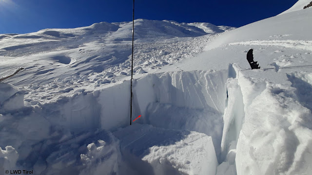 Schneeprofilstandort 2080m. Der Pfeil zeigt auf die Schwachschicht. Farbunterschied zwischen Neuschneepaket (mattes weiß) und Altschnee (dünkler).