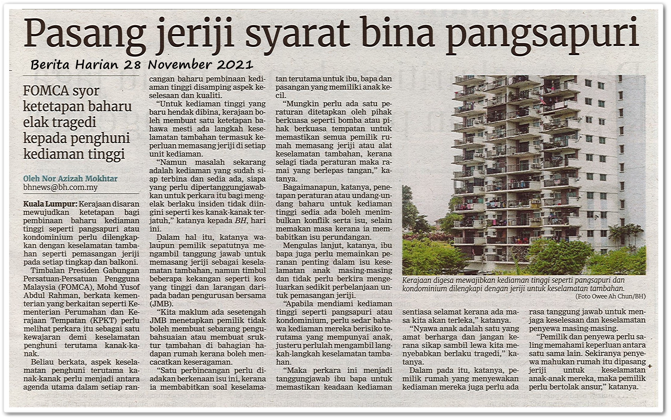 Pasang jeriji syarat bina pangsapuri - Keratan akhbar Berita Harian 28 November 2021