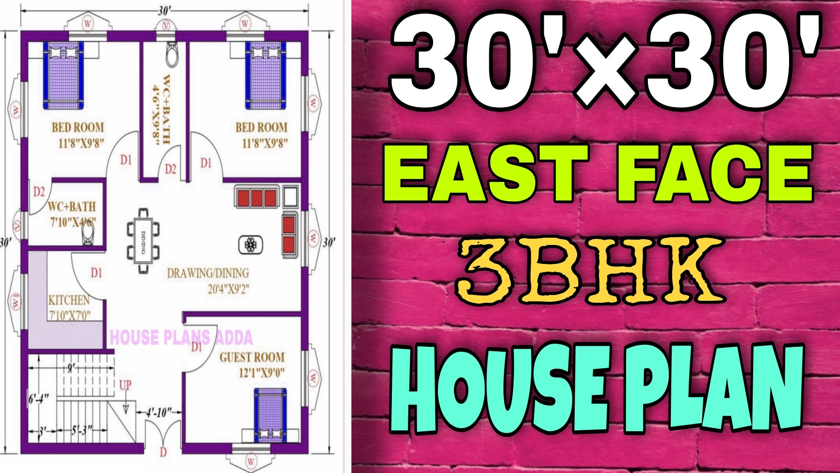 30 by 30 house plan east face