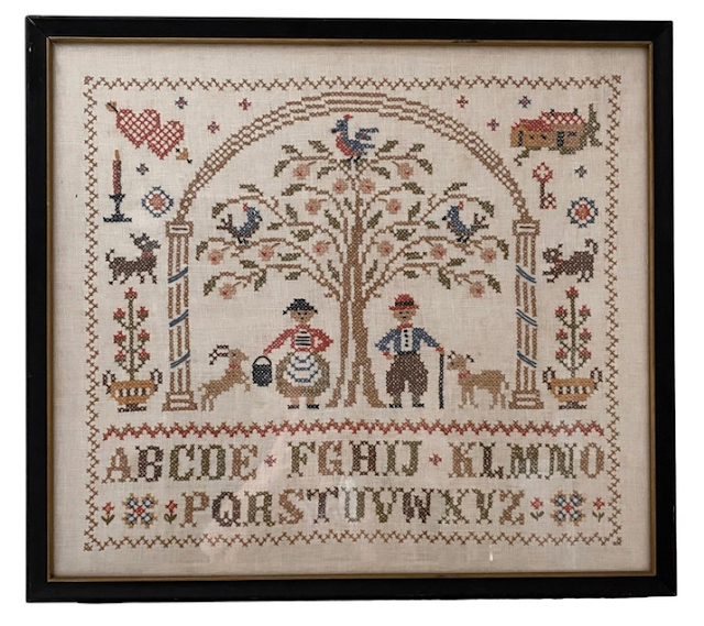 framed vintage embroidery sampler