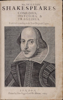 Birinci Folyo'nun kapağı, 1623. Shakespeare'in bakır oyması, Martin Droeshout tarafından.
