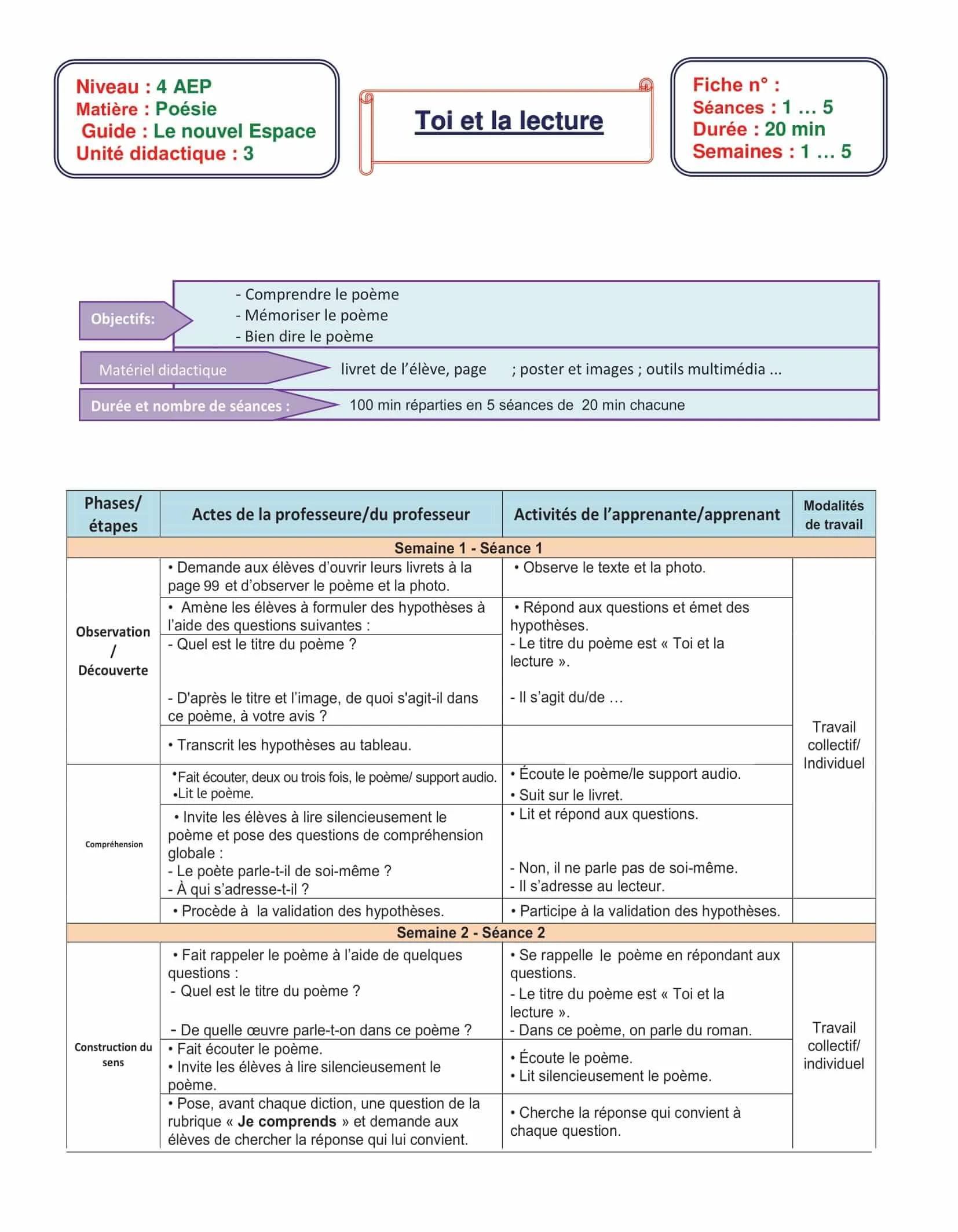 fiche Poésie Toi et la lecture 4aep