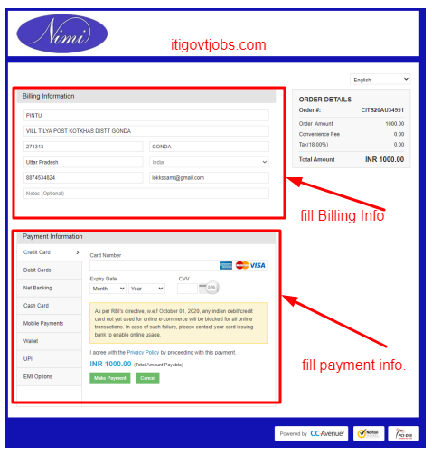CITS Verify Billing address & Counselling Fee Payment Page