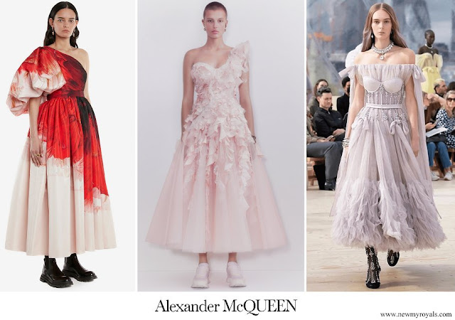 Kate Middleton wore Alexander McQueen asymmetric draped sleeve dress, Alexander McQueen one shoulder ruffle dress