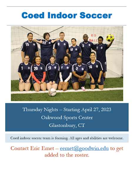 coed indoor soccer Thursday nights starting April 27 in Glastonbury