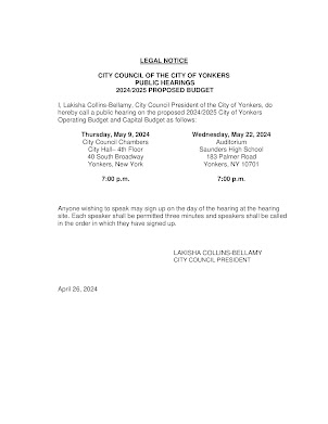 City of Yonkers: Legal Notice: FY 24/25 Budget Public Hearings.