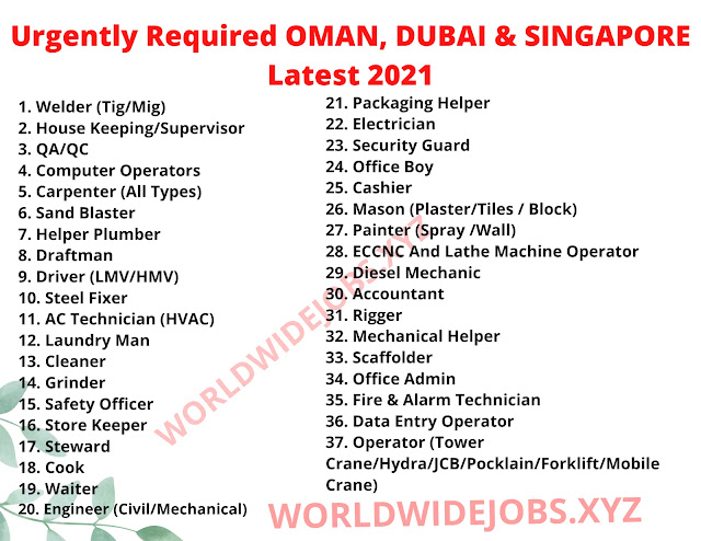 Urgently Required OMAN, DUBAI & SINGAPORE Latest 2021