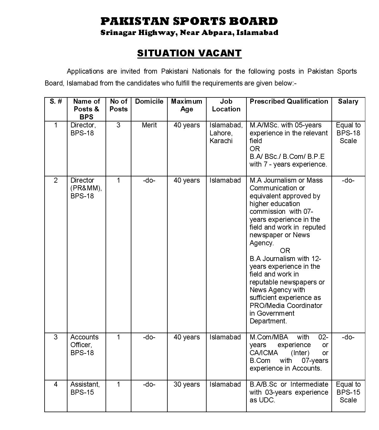 Pakistan Sports Board Jobs 2021 – www.sports.gov.pk