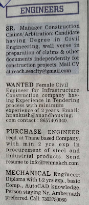 Posts:  1. Sr. Manager Construction  2. Female Civil Engineer   3. Purchase Engineer  4. Mechanical Engineer  For full details, please check attached photo.