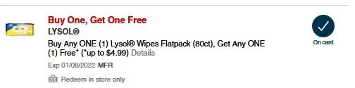 BOGO FREE Lysol 80ct wipes CVS APP ONLY MFR Digital Coupon (go to CVS App) (Value $4.99)