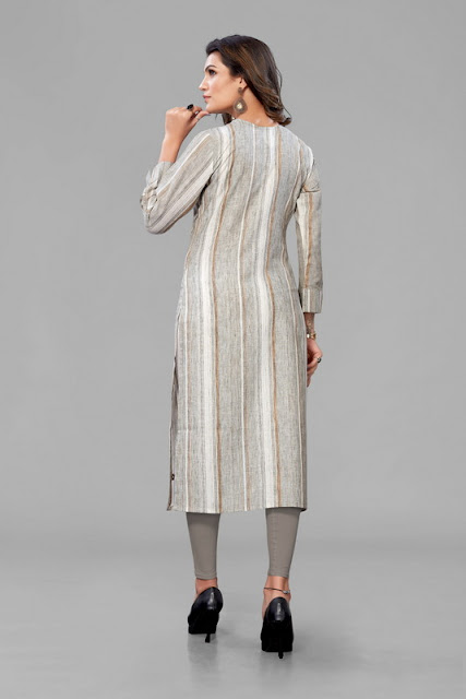 Beige Weaving Stripes Embroidered Kurta