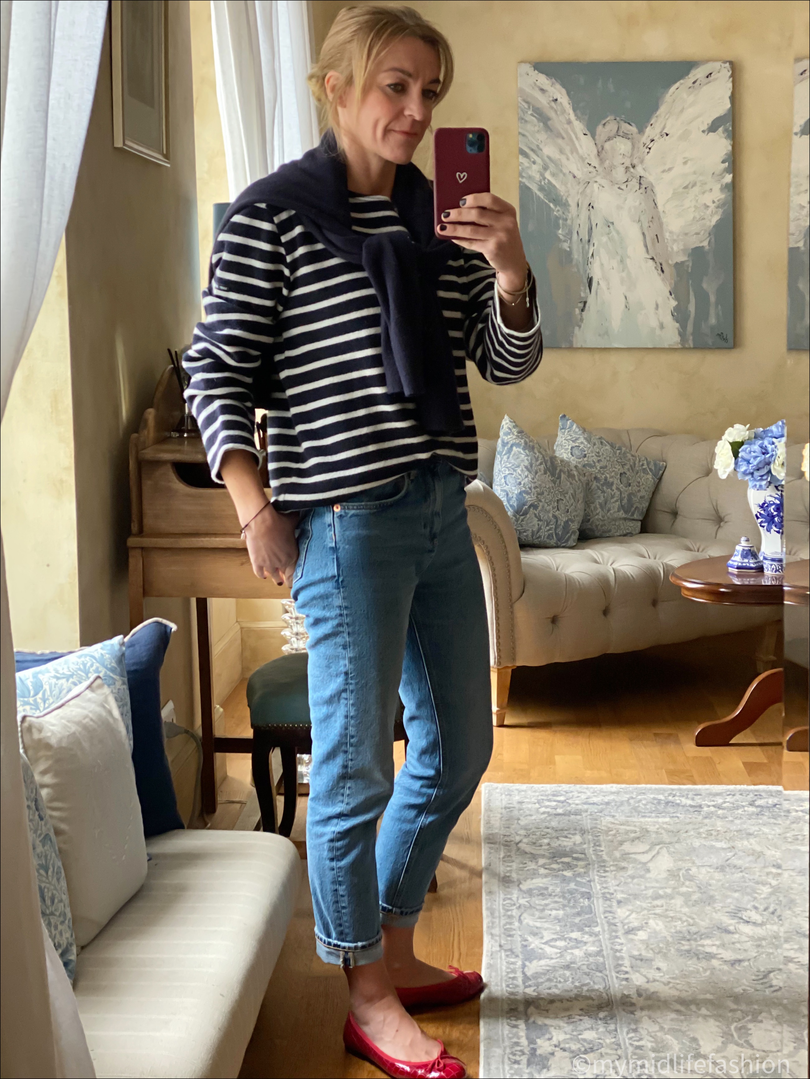 my midlife fashion, h and m cashmere jumper, saint James stripe jumper, Zara straight legged jeans, French sole Henrietta croc ballet flats