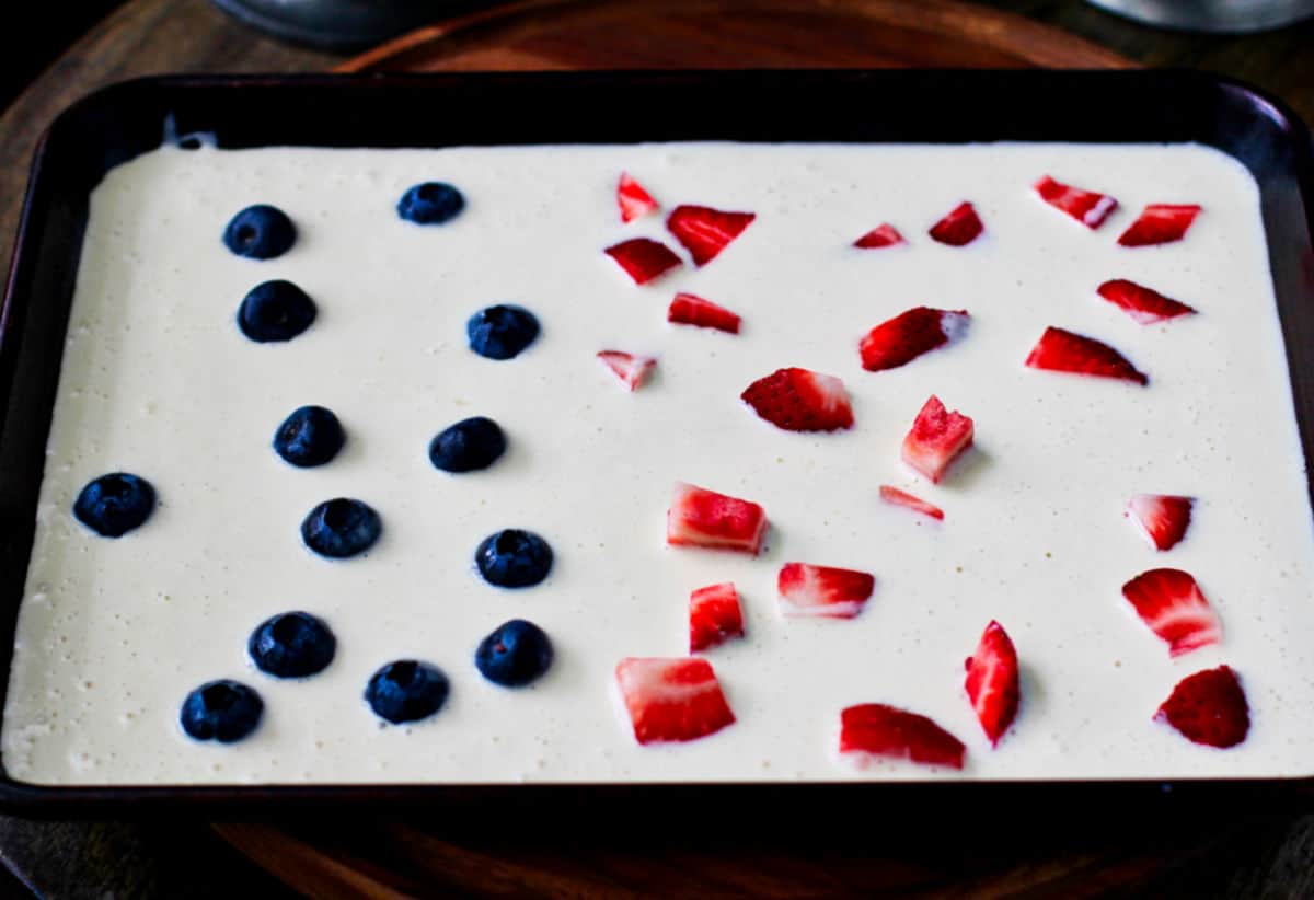 Sheet pan pancake batter in the pan.