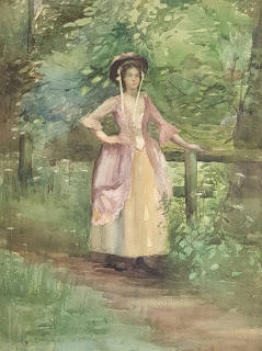 "Untitled (Young lady in Victorian dress)," a watercolour set in woodlands, by Winnie Burnett at the Edinburgh College of Art.