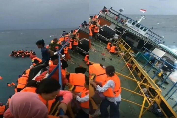 ‘Igual ao Titanic!’: navio afunda empinado e passageiros da Indonésia fazem salto mortal; veja vídeo