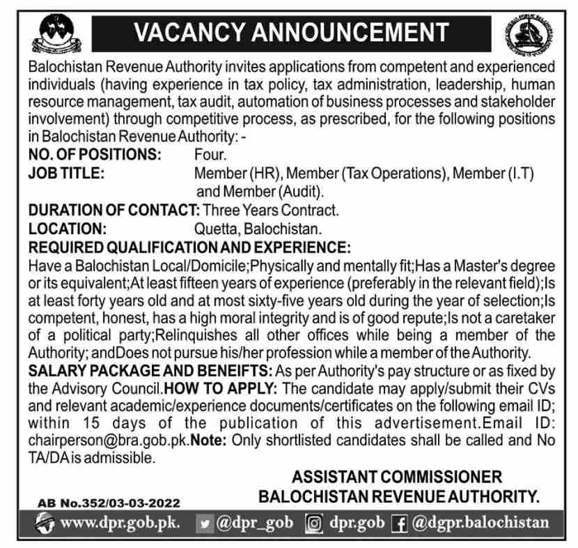 Latest Balochistan Revenue Authority Management Posts Quetta 2022