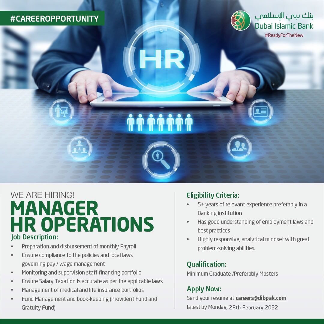 Dubai Islamic Bank Pakistan Limited Jobs Manager HR Operations