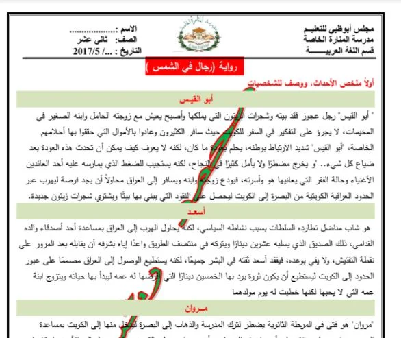 تلخيص رواية رجال في الشمس للصف حادي عشر