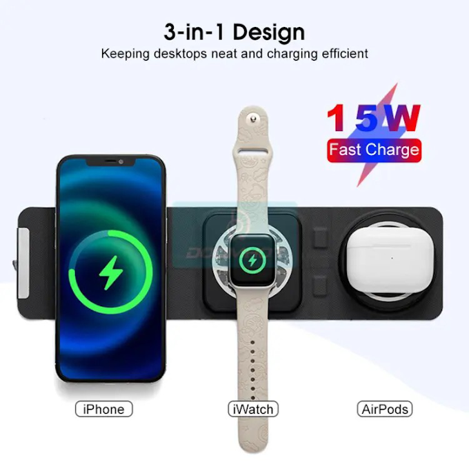 Doomhot 3 in 1 Wireless Charger Dock 15W Magnetic Wireless Charger Stand Foldable Magnetic Charger Dock Wireless Fast Charging Station for iPhone Watches Airpods