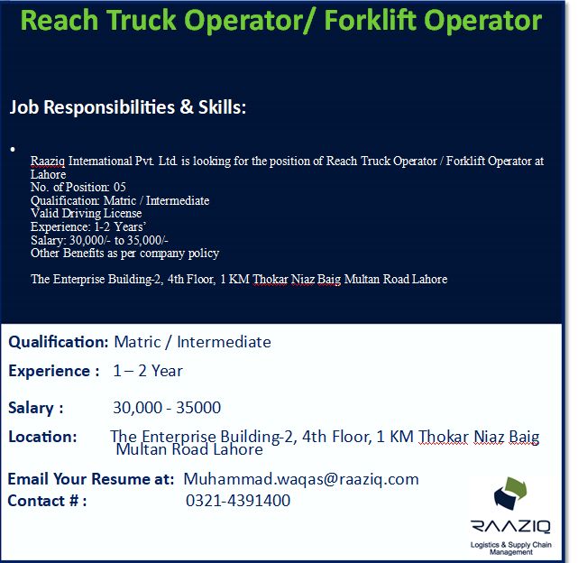 Raaziq International Pvt. Ltd – Pakistan’s Jobs Reach Truck Operator/Forklift Operator