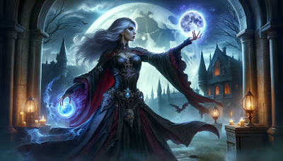 powerful necromancer casting a spell in a dramatic pose against a backdrop of a full moon and haunted castle, embodying the mystical and dark ambiance of Necromancer RPG.