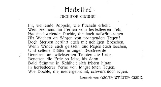 Nichifor Crainic, „Herbstlied”. Deutsch von Oscar Walter Cisek, in: Cultura, [anul 1] 1. Jg., Nr. 2, 1924, [f. p.] o. S.