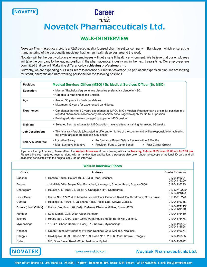 নোভাটেক ফার্মাসিউটিক্যালস কোম্পানি জব সার্কুলার ২০২৩ - Novatech Pharmaceuticals Company Job Circular 2023 - কোম্পানি জব সার্কুলার ২০২৩ - Company Job Circular 2023