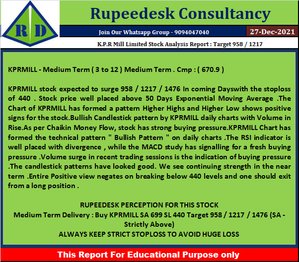 K.P.R Mill Limited Stock Analysis Report  Target 958  1217