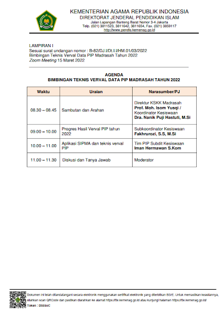 Surat Undangan Bimbingan Teknis Verval Data PIP (Program Indonesia Pintar) Madrasah Tahun 2022 - INTEL MADRASAH